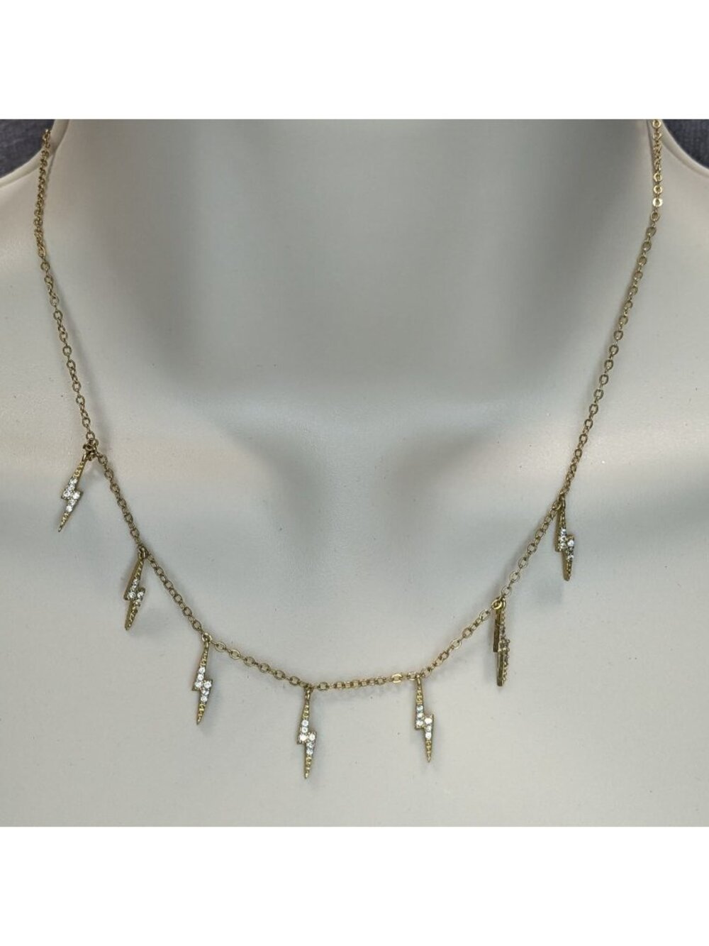 Glam Gold Tone Rhinestone Lightning Bolt Charm Necklace Y2K Rocker Celestial Jew